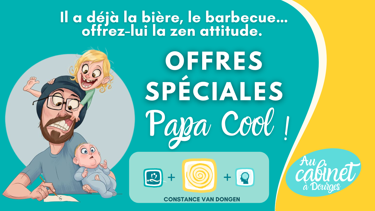 Offres spéciales fête des pères - Massage de 1h à 2h00 pour papa cool avec Constance van Dongen, esthéticienne holistique, thérapeute sophrologue en visio et à Dourges (entre Lille et Arras)