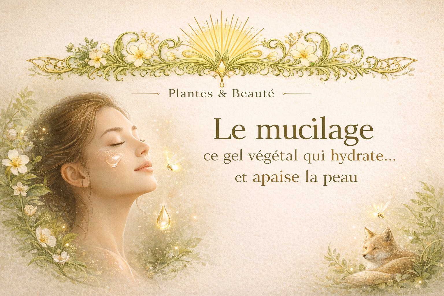 Illustration du mucilage végétal hydratant la peau, avec visage lumineux, texture gel naturelle et univers plantes et beauté RéminiSCence