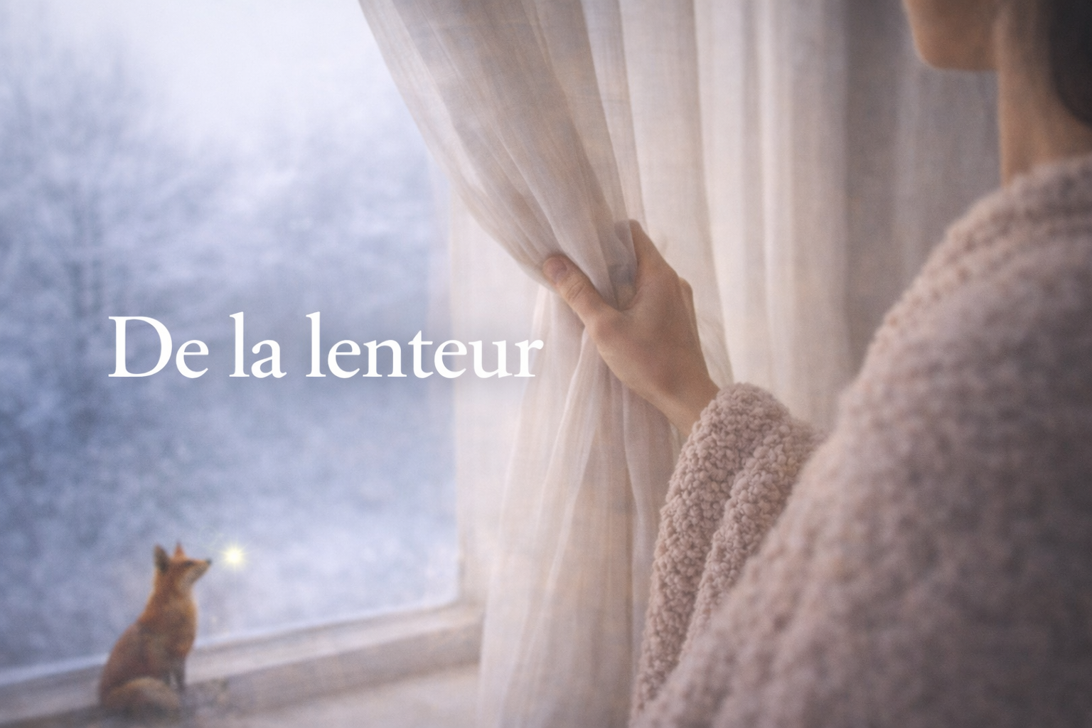 Main tenant un rideau léger près d’une fenêtre en hiver, lumière douce, renard et luciole symbolisant la lenteur et le rythme naturel du corps