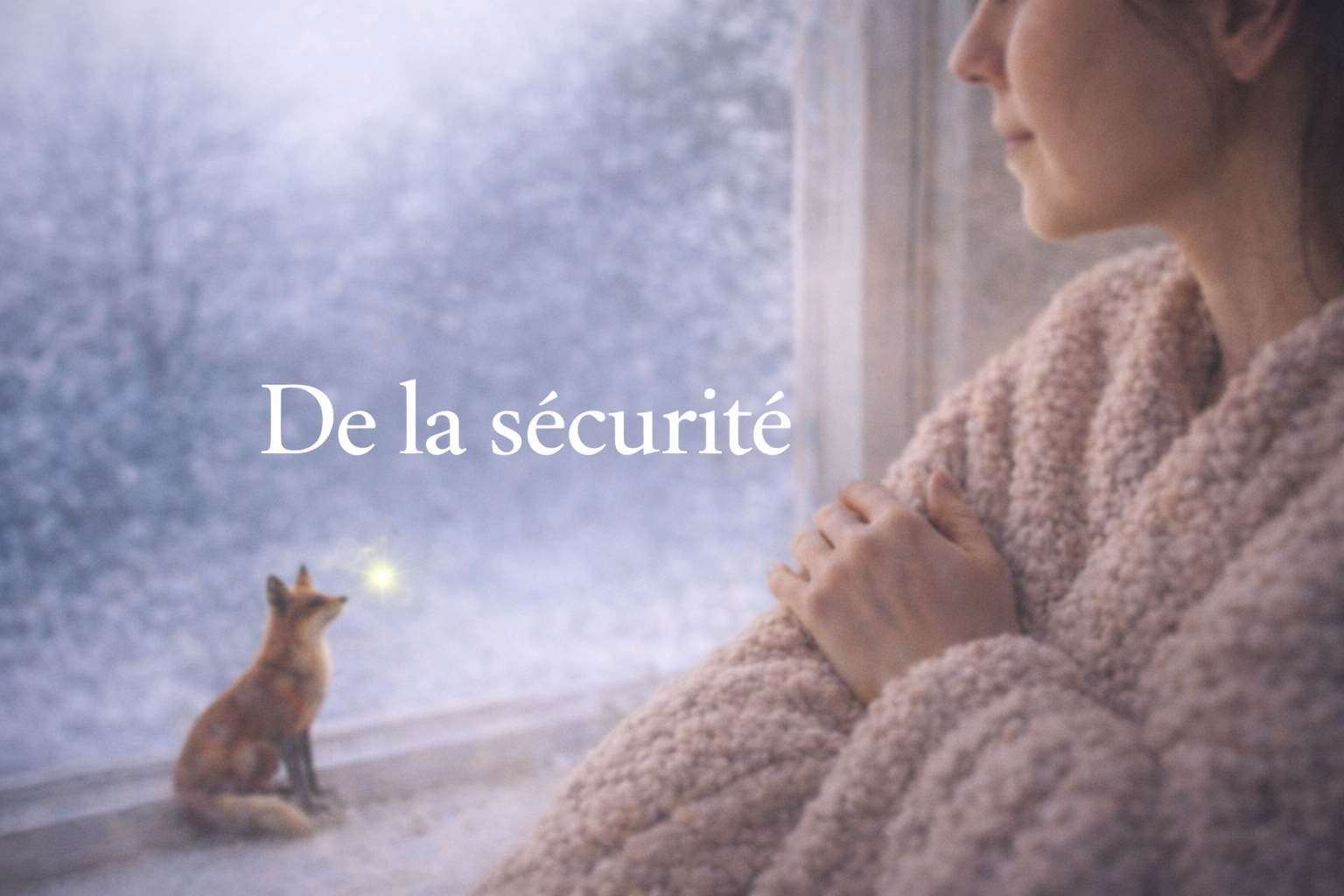 Personne enveloppée dans un plaid près d’une fenêtre en hiver, paysage enneigé, renard et luciole symbolisant la sécurité et l’apaisement du corps