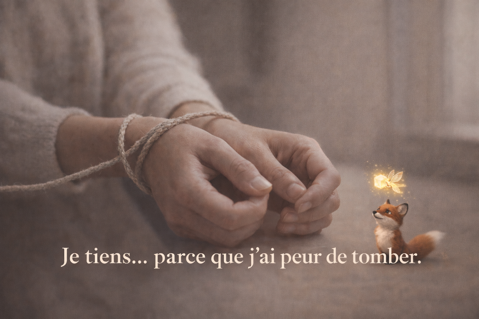 Je tiens… parce que j’ai peur de tomber - Constance van Dongen, esthéticienne Corps • âme • Esprit : Soins Énergétiques, phyto cosmétique, neuroSCiences et Sophrologue en visio et à Dourges (entre Lille et Arras) Attachement affectif symbolisé par un les mains et poignets liés – dépendance affective et peur de l’abandon