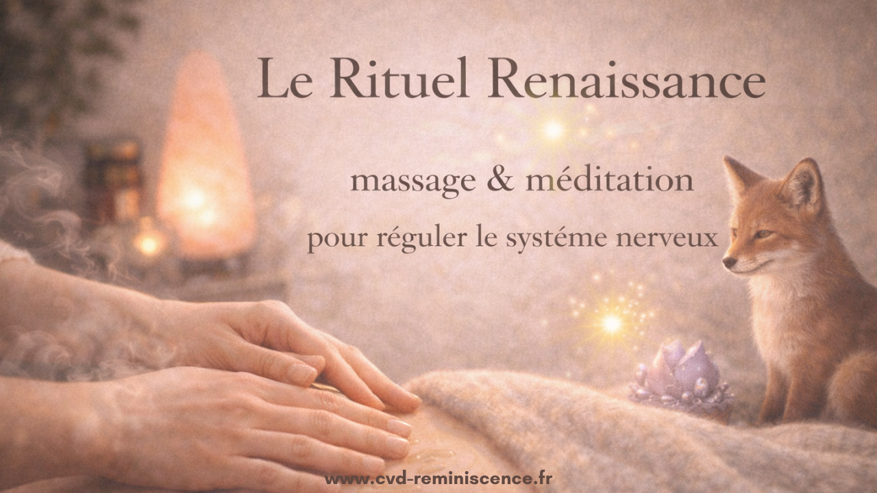 Massage relaxant et méditation avec améthyste, renard et luciole, symbolisant la régulation du système nerveux et le Rituel Renaissance de Constance van Dongen en hiver.