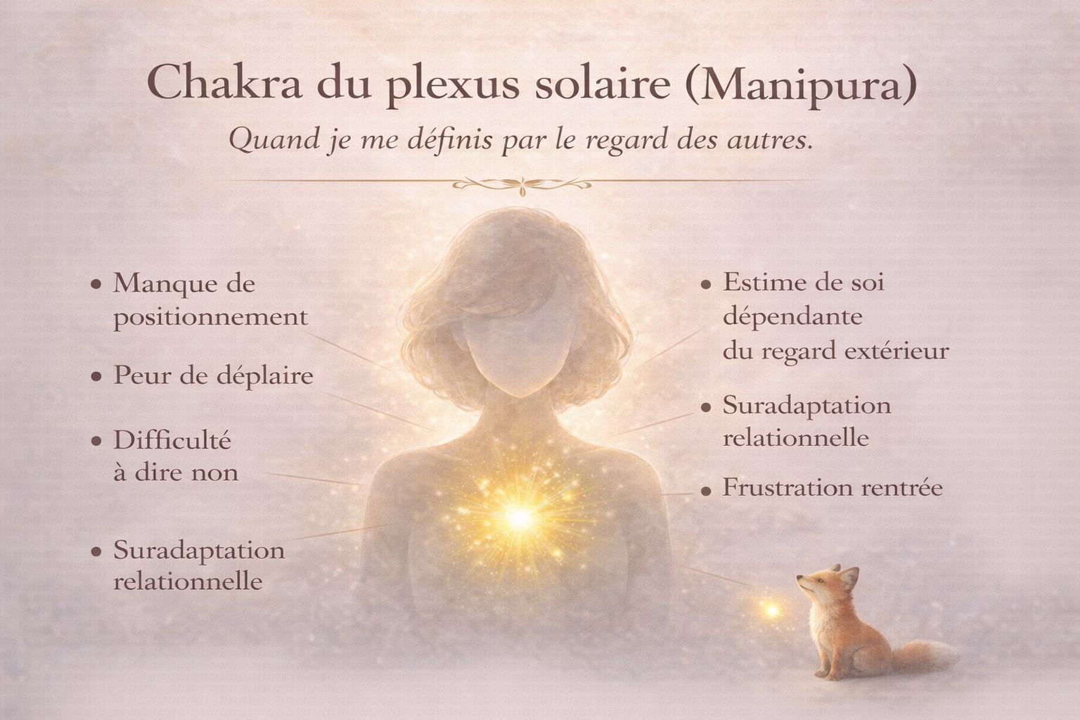 Chakra du plexus solaire (Manipura) et dépendance affective Dépendance affective et chakra du plexus solaire : manque de positionnement, peur de déplaire et estime de soi dépendante du regard extérieur