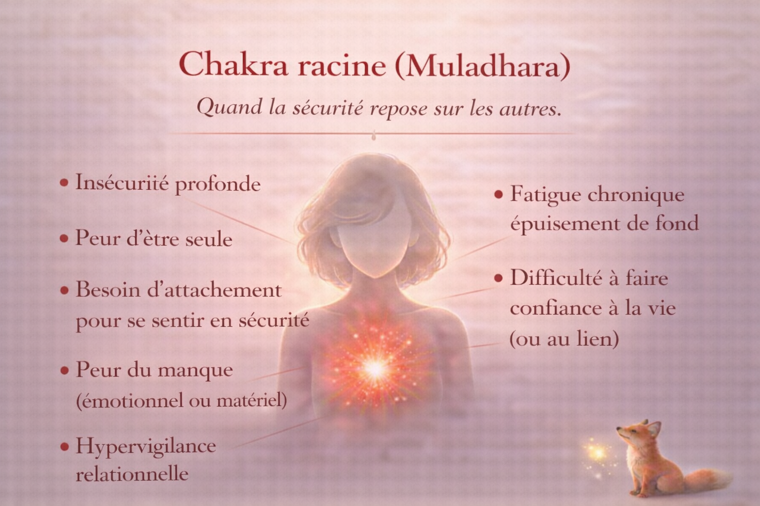 Chakra racine (Muladhara) et dépendance affective Dépendance affective et chakra racine : insécurité profonde, peur d’être seule et besoin d’attachement pour se sentir en sécurité