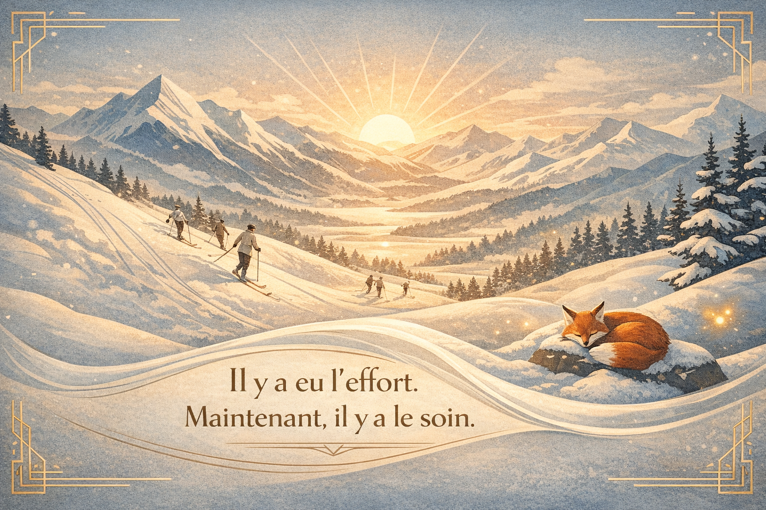 Récupération de la peau après le ski – Illustration art déco Illustration art déco de montagne enneigée avec skieurs vintage et renard au repos, symbolisant la récupération de la peau après le ski et les sports d’hiver.