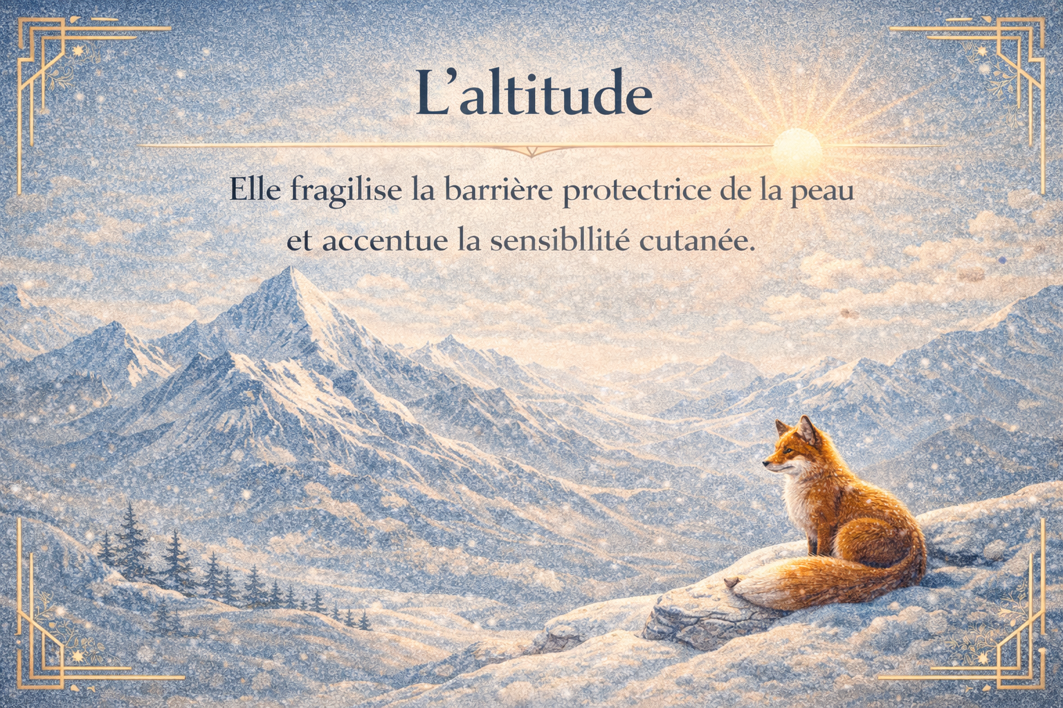 L’altitude et la peau après le ski – Illustration art déco Illustration art déco de montagne en altitude avec un renard immobile face à un paysage enneigé, symbolisant l’exposition et les effets de l’altitude sur la sensibilité de la peau après le ski.