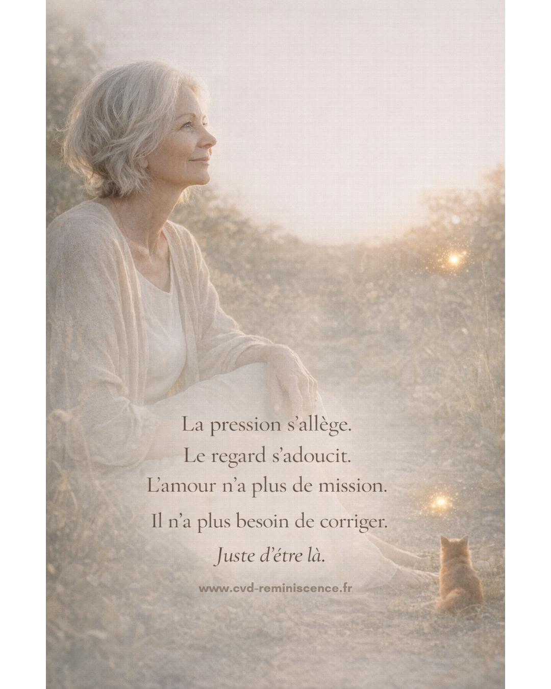 Illustration poétique représentant une femme apaisée assise dans la nature au lever du jour, symbole d’allègement intérieur et d’amour sans condition. Atmosphère douce évoquant la grand-maternité, la transmission affective, le regard qui s’adoucit et la présence sans attente. Visuel de la série « Deux regards, un lien » autour du lien transgénérationnel mère-fille-grand-mère. Création originale de Constance van Dongen – RéminiSCence. Image protégée – cvd-reminiscence.fr