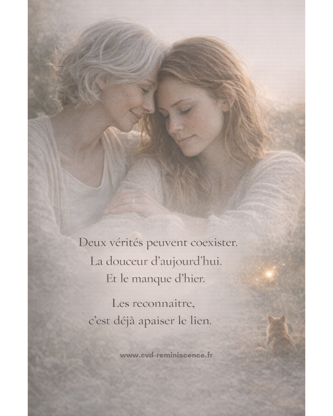 Illustration poétique montrant une mère et sa fille adulte, front contre front, dans un geste de douceur et de reconnaissance mutuelle. Visuel évoquant la coexistence de deux vérités dans le lien mère-fille : la douceur du présent et le manque du passé. Atmosphère apaisante autour de la transmission transgénérationnelle, de la réparation du lien et de l’émotion partagée. Image issue de la série « Deux regards, un lien ». Création originale de Constance van Dongen – RéminiSCence. Image protégée – cvd-reminiscence.fr