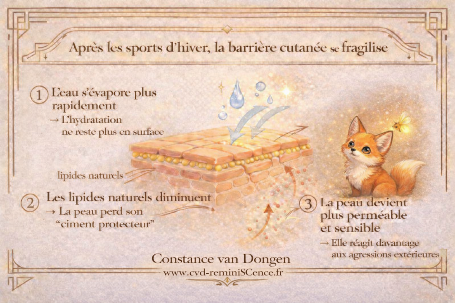 Ski, froid et soleil d’hiver : comprendre la fragilisation de la barrière cutanée Infographie pédagogique montrant comment le froid, le vent et le soleil d’hiver fragilisent la barrière cutanée après les sports d’hiver, avec illustration de la peau, d’un renard et d’une luciole.