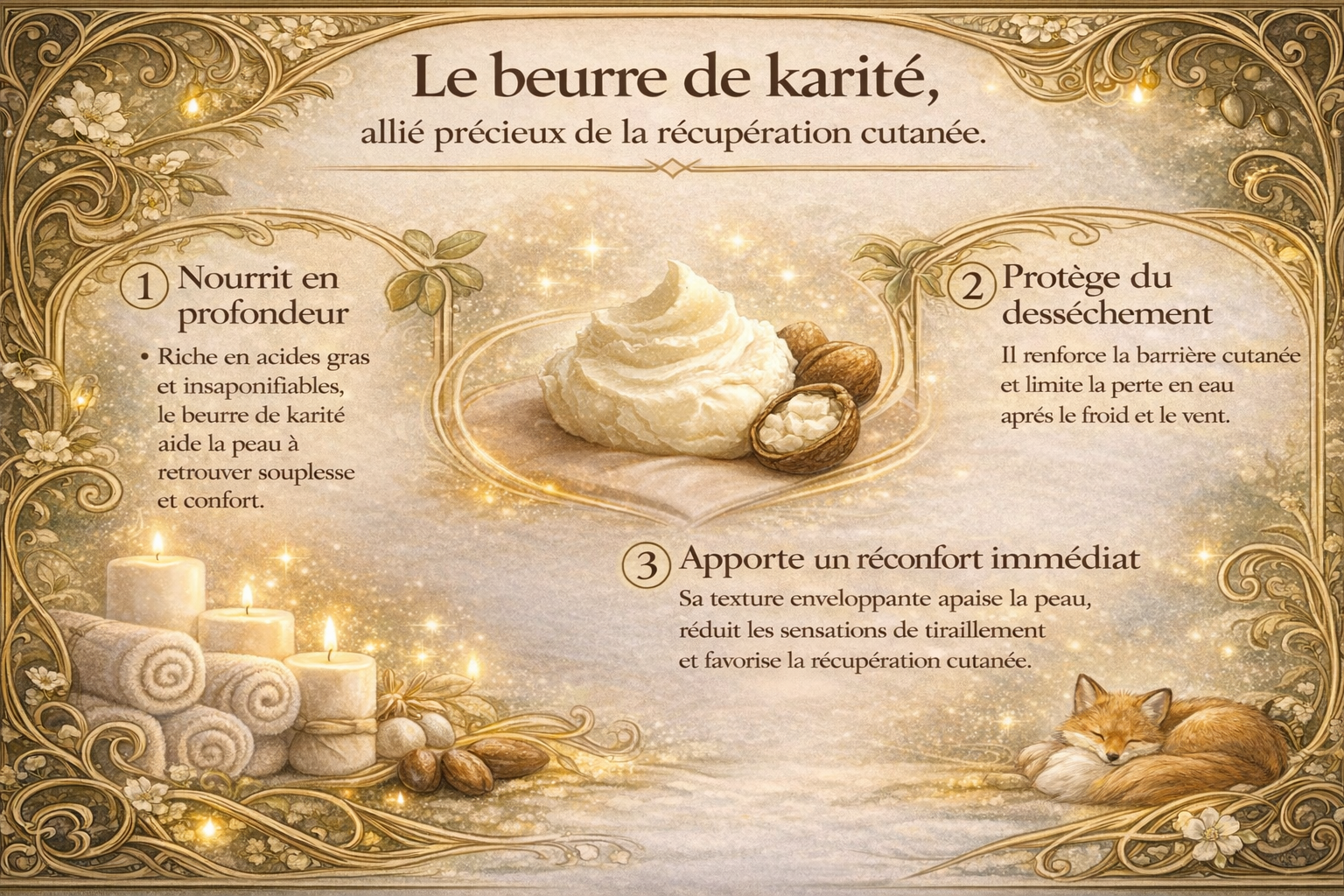 Beurre de karité : un allié précieux de la récupération cutanée Infographie art nouveau sur le beurre de karité, allié de la récupération cutanée, illustrant son action nourrissante, protectrice contre le dessèchement et réconfortante, avec renard en signature visuelle.