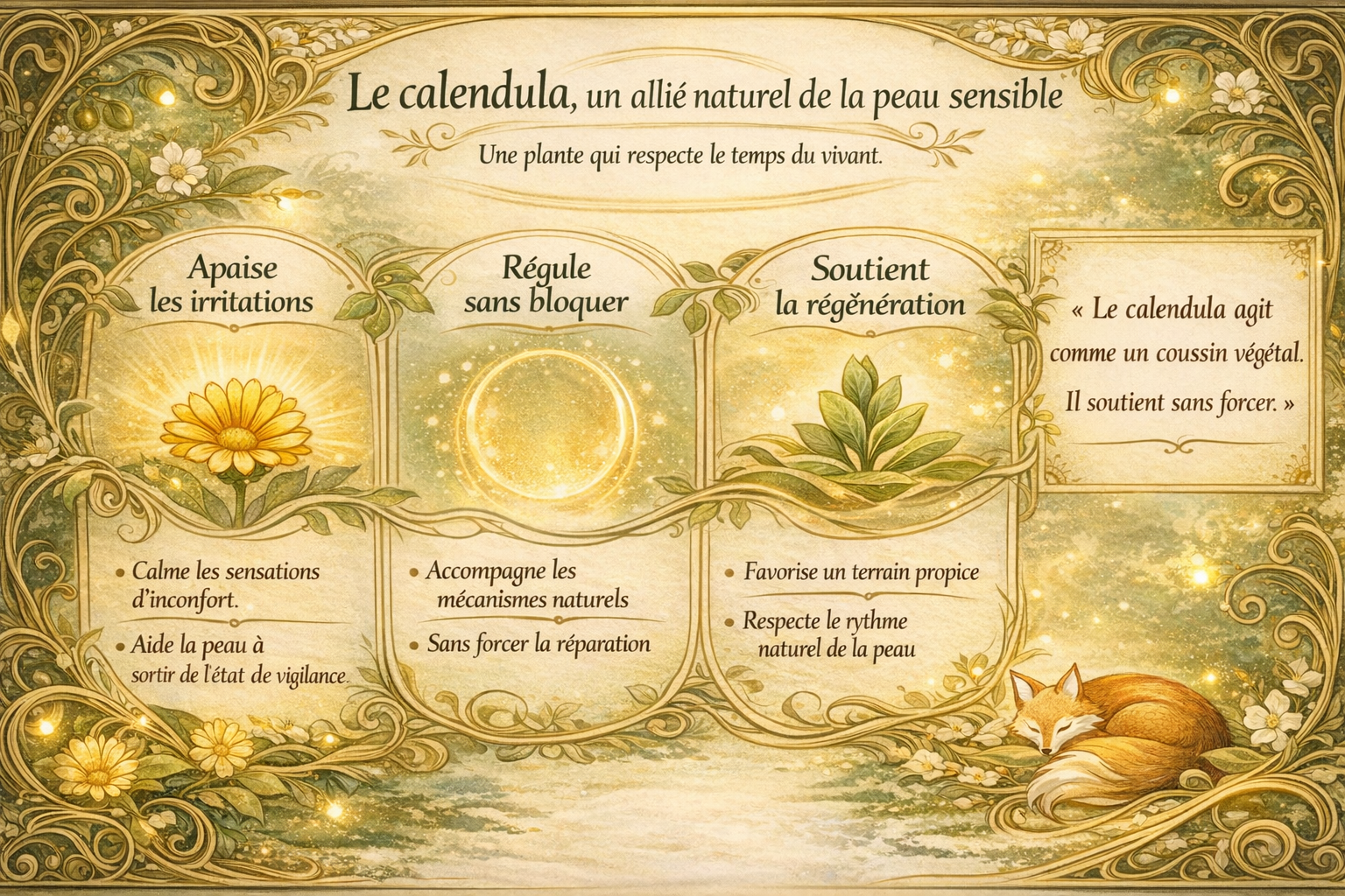 Calendula : un allié naturel pour la peau sensible Infographie art nouveau sur le calendula, allié naturel de la peau sensible, illustrant son action apaisante, régulatrice et son soutien à la régénération cutanée, avec renard et luciole en signature visuelle.