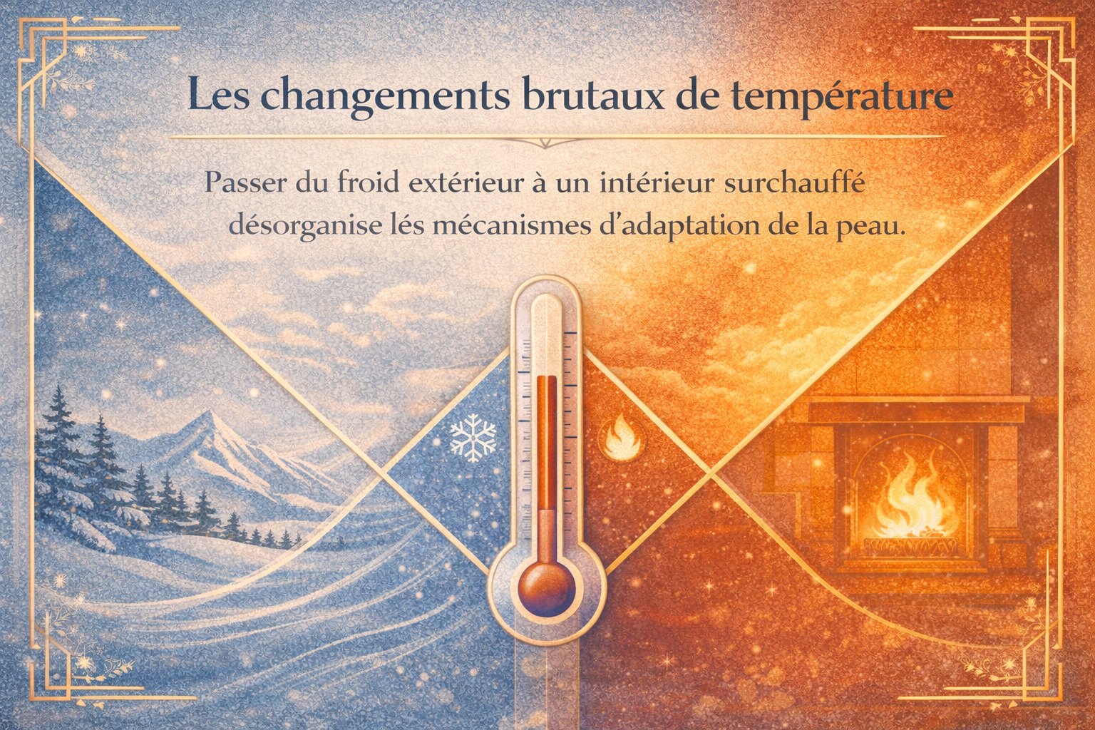 Changements brutaux de température et peau après le ski – Illustration art déco Illustration art déco montrant le contraste entre froid extérieur et intérieur chauffé, symbolisant l’impact des changements brutaux de température sur l’adaptation de la peau après le ski.