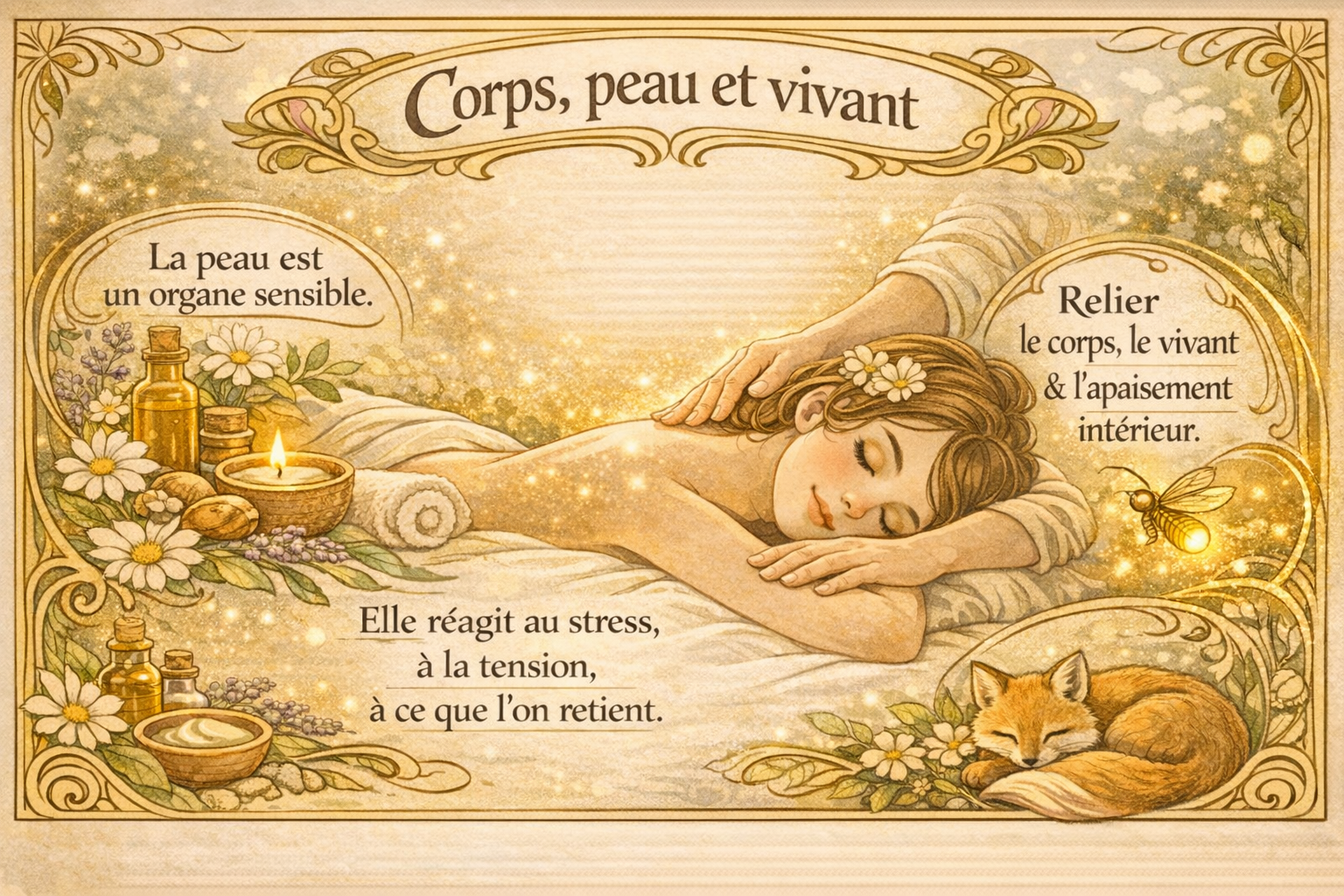Corps, peau et vivant : quand le soin apaise en profondeur Infographie art nouveau horizontale illustrant le lien entre corps, peau et vivant, montrant un soin apaisant, la régulation du stress cutané et l’apaisement intérieur, avec renard et luciole en signature visuelle.