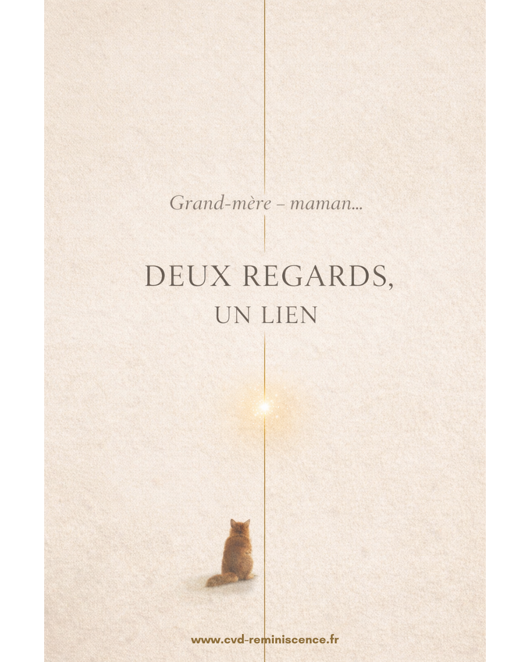 Illustration minimaliste et poétique évoquant le lien transgénérationnel entre grand-mère et mère. Un renard vu de dos contemple une ligne de lumière, symbole de transmission, de regard croisé et de lien invisible entre les générations. Visuel d’ouverture intitulé « Deux regards, un lien », abordant la relation mère-fille-grand-mère, la mémoire émotionnelle et la douceur transmise. Création originale de Constance van Dongen – RéminiSCence, approche corporelle, sensible et transgénérationnelle. Image protégée – cvd-reminiscence.fr