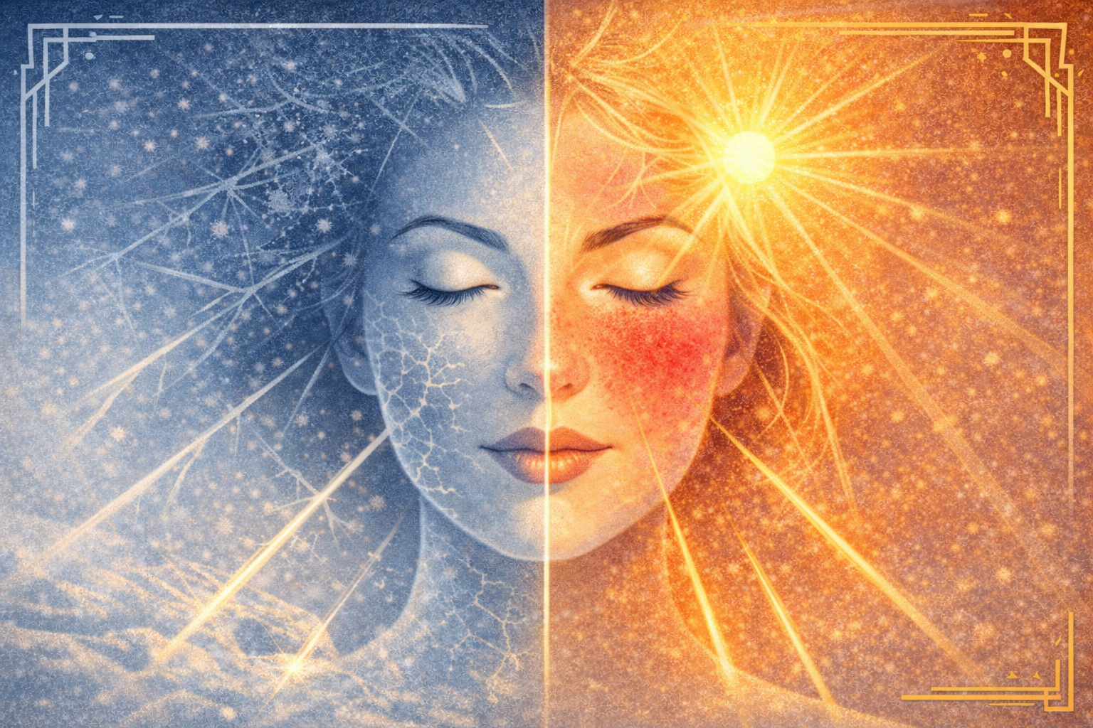 Double contrainte froid et soleil sur la peau – Illustration art déco Illustration art déco d’un visage scindé entre froid et soleil, montrant la double contrainte subie par la peau en montagne : dessèchement par le froid et échauffement solaire.