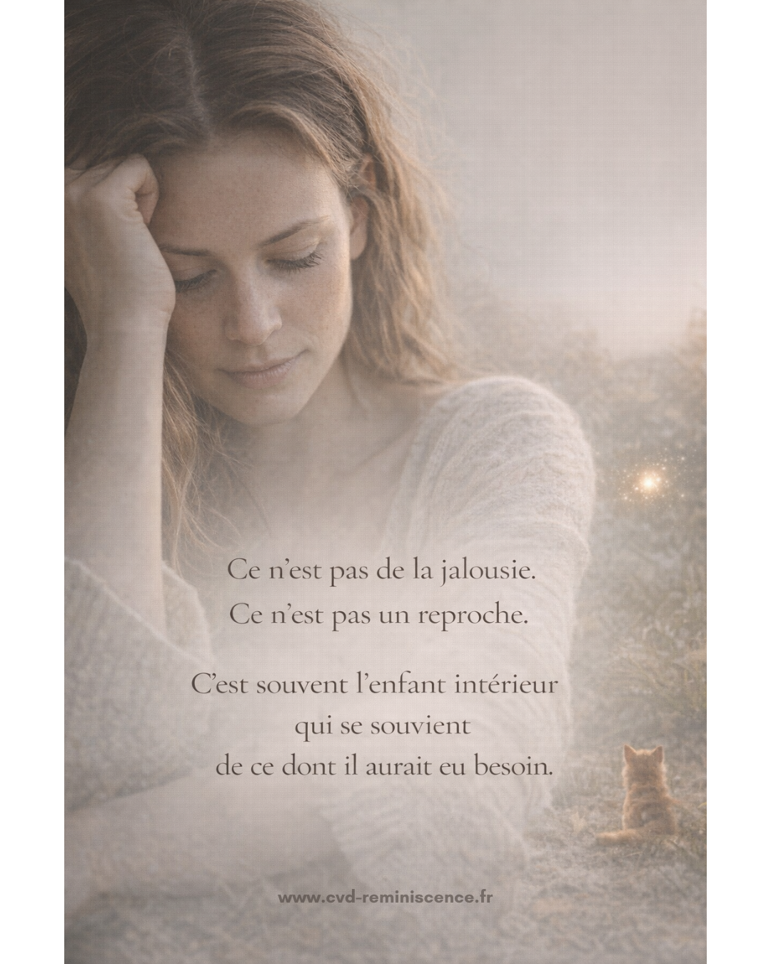 Illustration poétique montrant une femme introspective, le regard baissé, symbolisant un mouvement intérieur lié à l’enfant intérieur. Visuel évoquant le fait de voir sa mère devenir grand-mère et les émotions profondes que cela peut réveiller. Message sur la mémoire affective, les besoins d’enfance non comblés et le lien mère-fille transgénérationnel. Image issue de la série « Deux regards, un lien ». Création originale de Constance van Dongen – RéminiSCence. Image protégée – cvd-reminiscence.fr