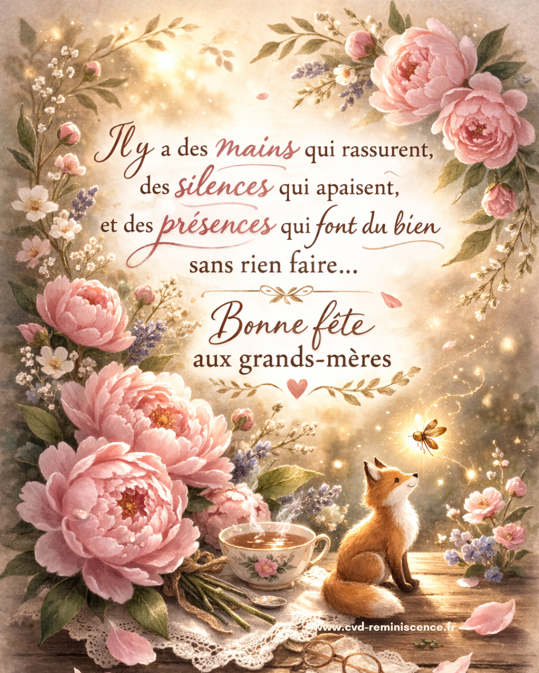 Illustration poétique de fête des grands-mères représentant des fleurs roses, une tasse de thé, un renard et une lumière douce. Le visuel évoque les mains qui rassurent, les silences apaisants et les présences bienveillantes. Création originale signée Constance van Dongen – RéminiSCence, accompagnement corps et émotionnel, Dourges. Image protégée – cvd-reminiscence.fr