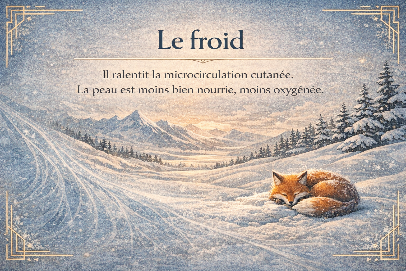 Le froid et la peau après le ski – Illustration art déco Illustration art déco hivernale en tons bleus montrant un paysage enneigé et un renard recroquevillé, symbolisant l’effet du froid sur la microcirculation cutanée et la peau après le ski.
