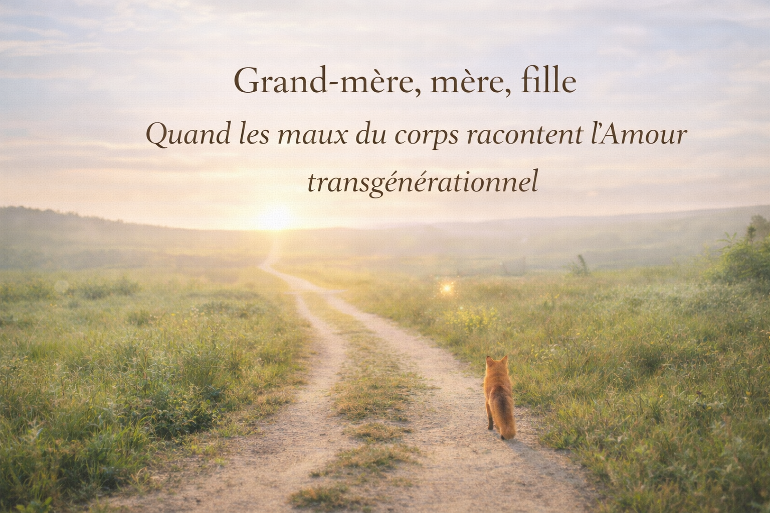 Chemin de nature s’ouvrant vers un horizon lumineux, avec un renard avançant calmement et une luciole discrète, illustrant l’amour transgénérationnel et la transmission émotionnelle entre grand-mère, mère et fille.