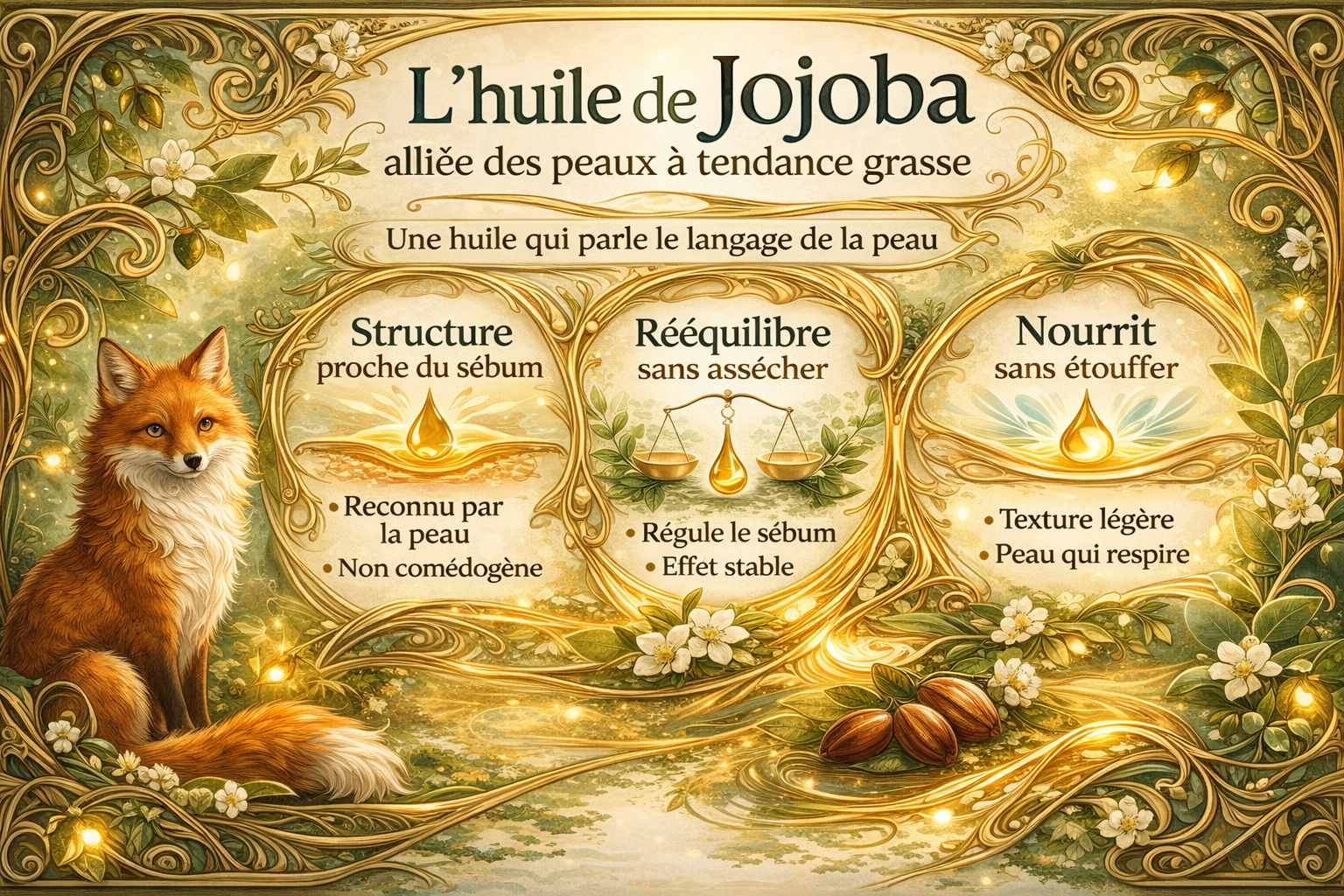 Huile de jojoba : alliée naturelle des peaux à tendance grasse Infographie art nouveau sur l’huile de jojoba, alliée des peaux à tendance grasse, illustrant sa structure proche du sébum, son action rééquilibrante et sa texture légère, avec un renard et une luciole en signature visuelle.