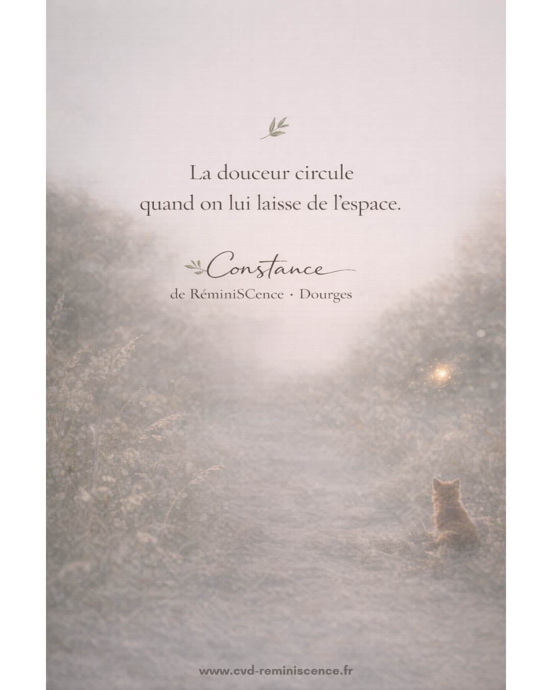 Illustration poétique montrant un chemin doux dans la nature, baigné de lumière, avec un petit renard assis au loin. Le texte évoque la circulation de la douceur lorsque l’on laisse de l’espace. Visuel symbolisant l’apaisement du lien, l’intégration émotionnelle et la sécurité intérieure. Image de clôture de la série « Deux regards, un lien », création originale de Constance de RéminiSCence à Dourges. Image protégée – cvd-reminiscence.fr