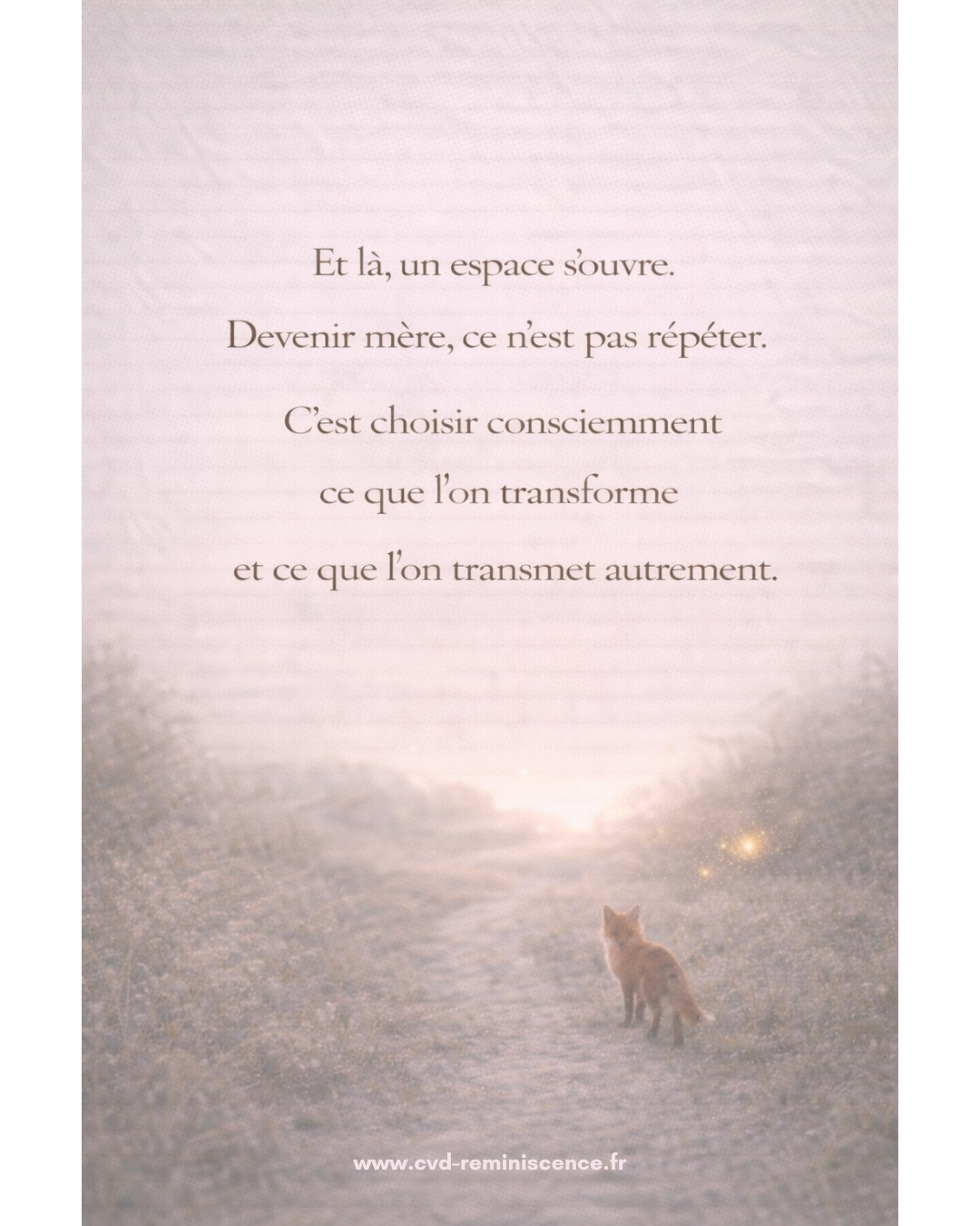 Illustration poétique d’un chemin lumineux au lever du jour avec un petit renard marchant vers la lumière. Le texte évoque le fait que devenir mère ne signifie pas répéter, mais choisir consciemment ce que l’on transforme et transmet autrement. Image symbolique sur la maternité consciente, la transmission transgénérationnelle et la transformation émotionnelle. © Constance van Dongen – RéminiSCence, Dourges. Image protégée – cvd-reminiscence.fr