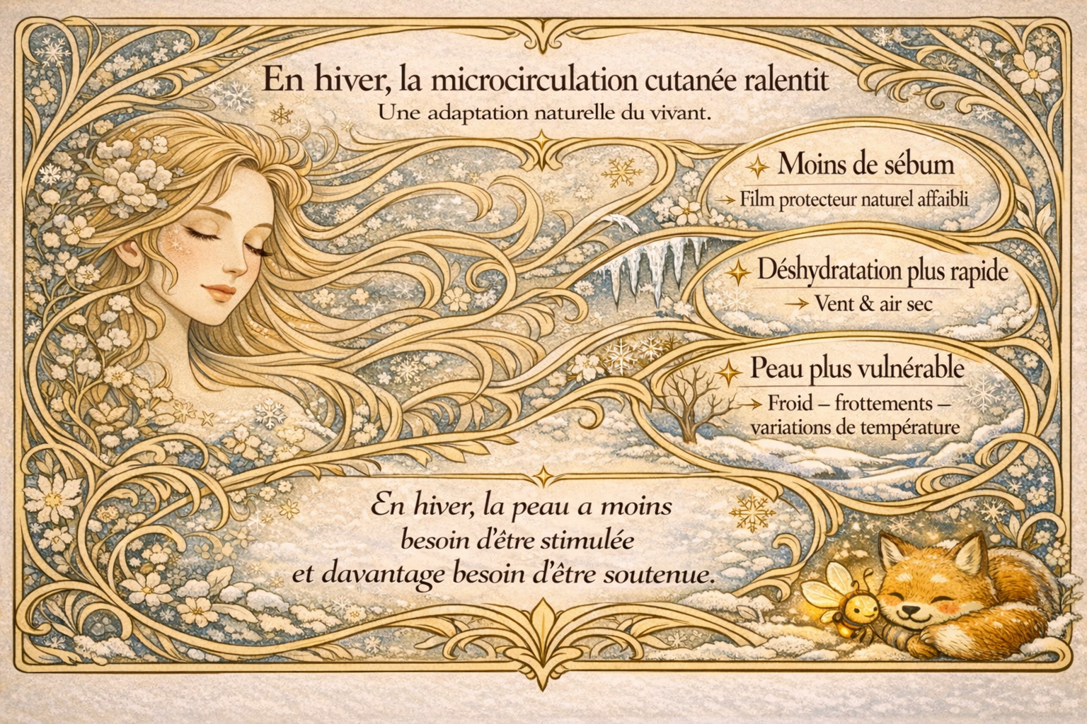 Microcirculation cutanée en hiver : comprendre la peau après le froid Infographie art nouveau illustrant le ralentissement de la microcirculation cutanée en hiver, ses effets sur la peau (moins de sébum, déshydratation, vulnérabilité), avec renard et luciole en signature visuelle.