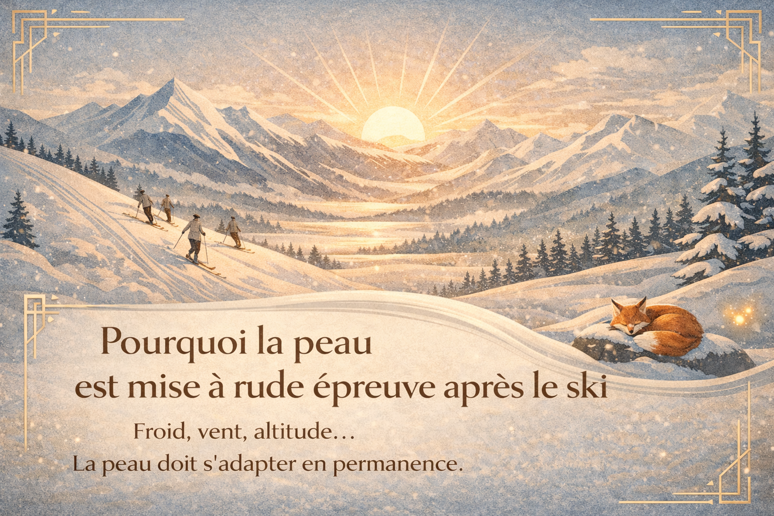 Pourquoi la peau est mise à rude épreuve après le ski – Illustration art déco Illustration art déco de montagne enneigée avec skieurs vintage et renard au repos, illustrant les effets du froid, du vent et de l’altitude sur la peau après le ski.