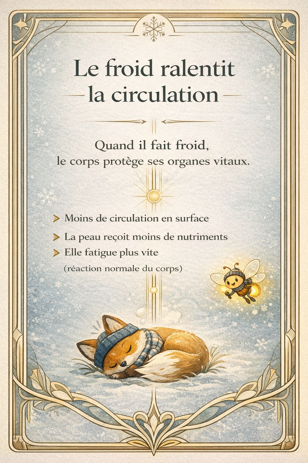 Le froid ralentit la circulation – comprendre la peau sensible après le ski Illustration poétique d’hiver montrant un renard endormi dans la neige et une luciole, symbolisant l’effet du froid sur la circulation sanguine et la peau sensible après le ski.