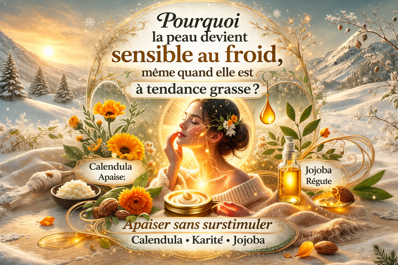 Illustration botanique hivernale montrant une peau sensible au froid, avec calendula, beurre de karité et huile de jojoba, pour apaiser sans surstimuler même les peaux à tendance grasse.