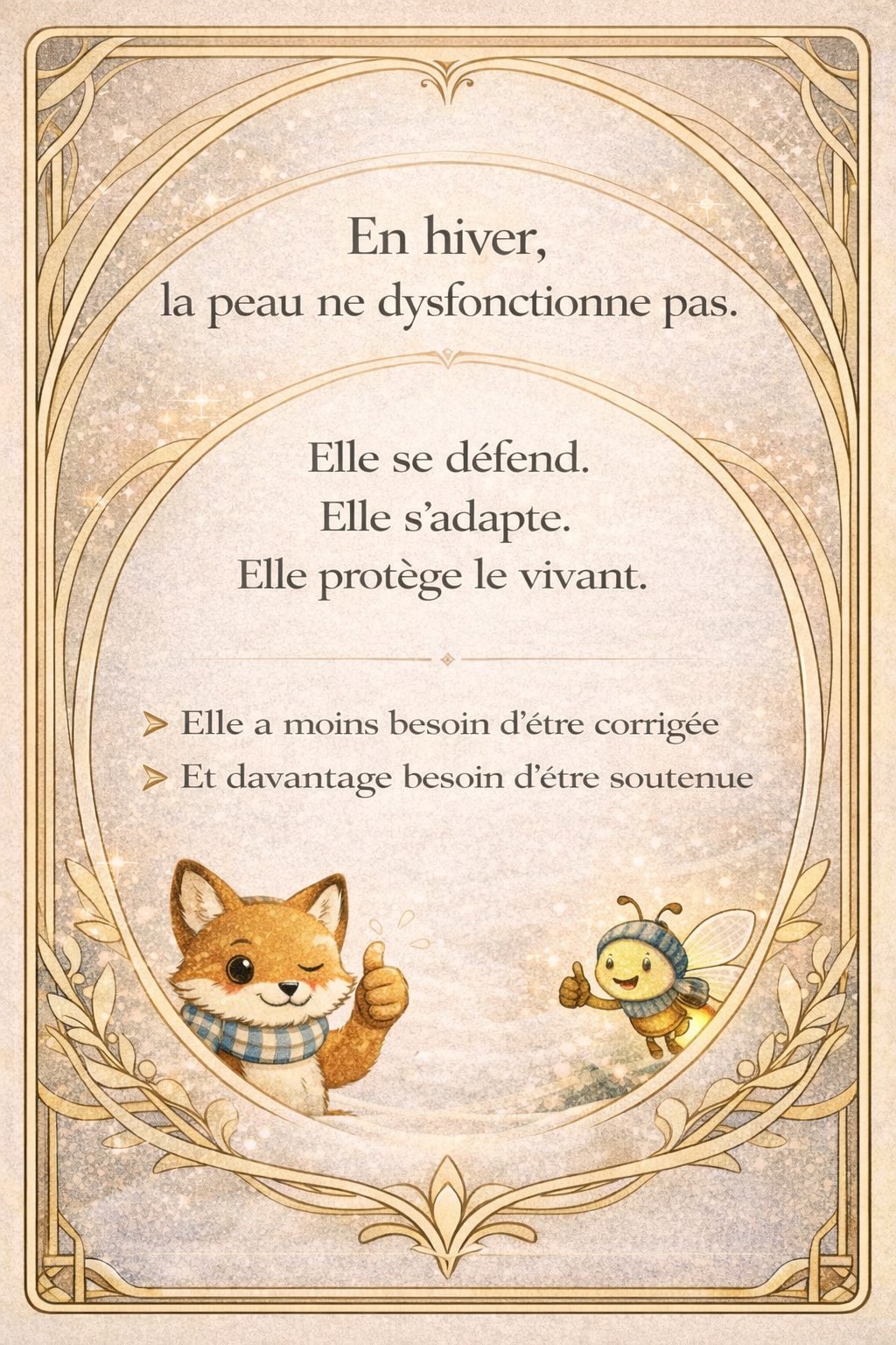 En hiver, la peau s’adapte et a besoin de soutien Illustration poétique montrant un renard et une luciole en hiver, symbolisant une peau sensible qui s’adapte et a besoin d’être soutenue après le ski.