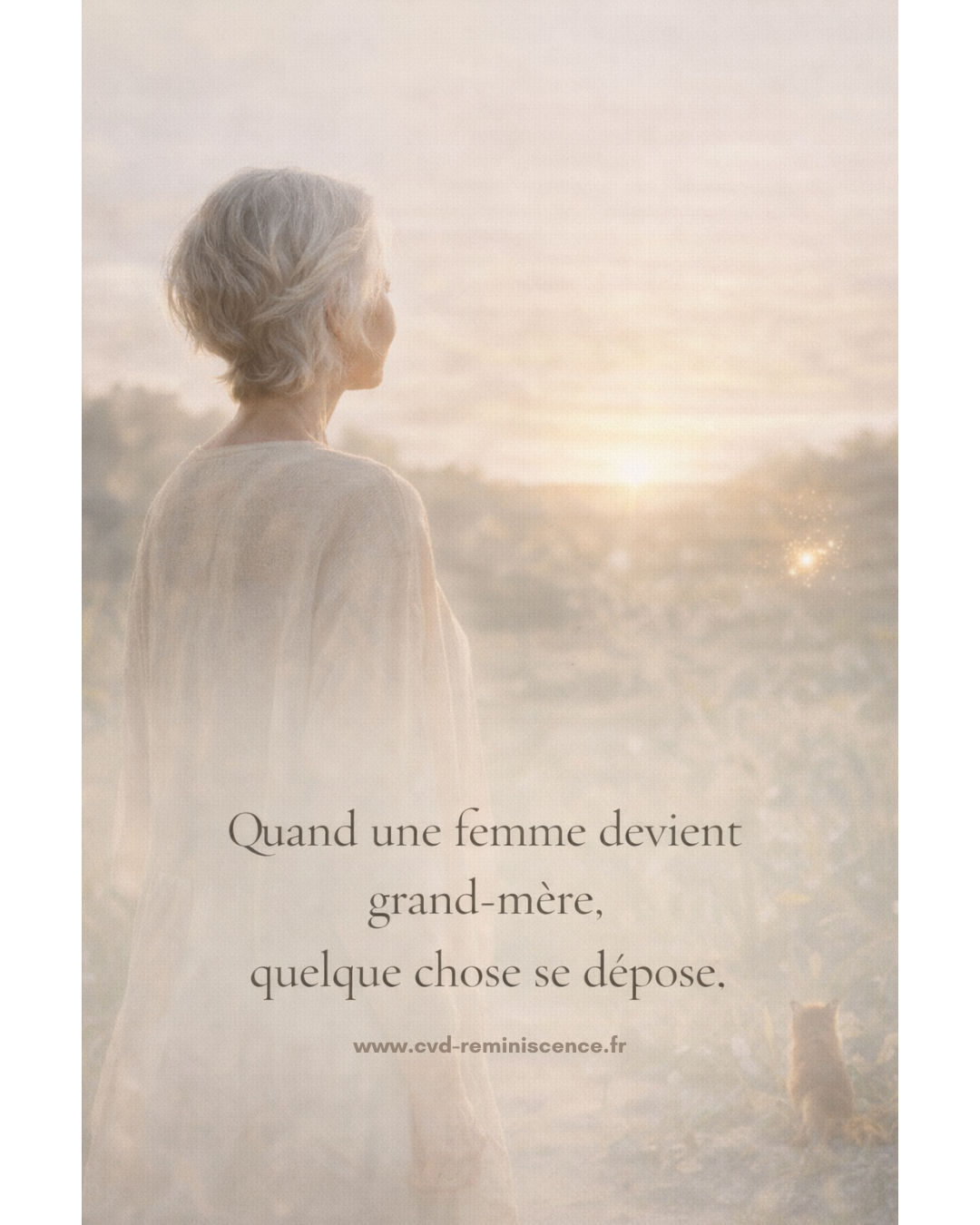 Illustration poétique représentant une femme devenue grand-mère contemplant un paysage au lever du soleil, symbole de transmission, de maturité et d’apaisement intérieur. Atmosphère douce et lumineuse évoquant le lien transgénérationnel, la mémoire affective et la transformation intérieure liée au passage au rôle de grand-mère. Visuel extrait de la série « Deux regards, un lien » autour de la relation mère-fille-grand-mère. Création originale de Constance van Dongen – RéminiSCence. Image protégée – cvd-reminiscence.fr