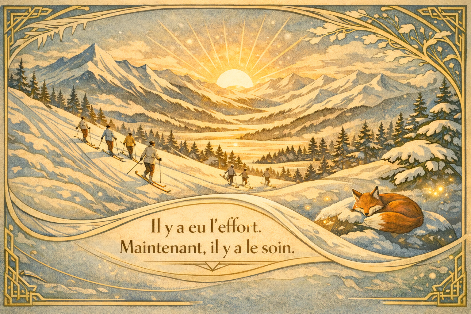 Il y a eu l’effort. Maintenant, il y a le soin — Peau après le ski Illustration Art nouveau représentant la récupération après le ski : paysage de montagne enneigée au soleil d’hiver, skieurs en arrière-plan et renard endormi symbolisant le soin et le repos de la peau.