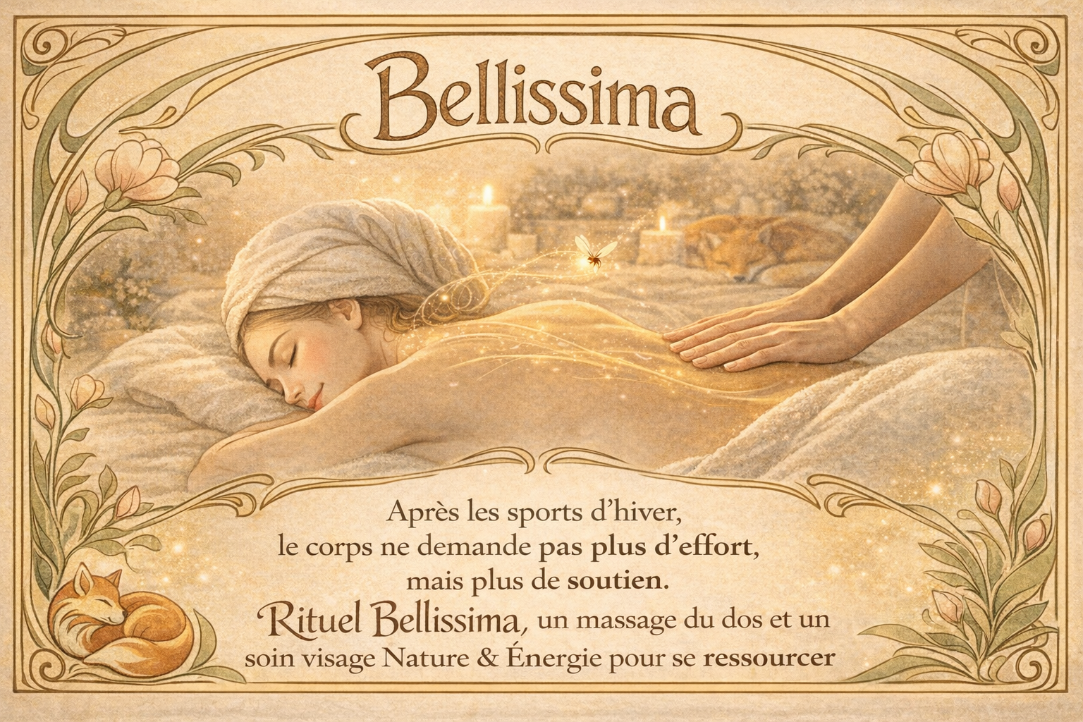 Rituel Bellissima – Massage du dos et soin visage après les sports d’hiver Illustration Art nouveau du Rituel Bellissima après les sports d’hiver, montrant un massage du dos apaisant et un univers cocooning pour la récupération du corps.