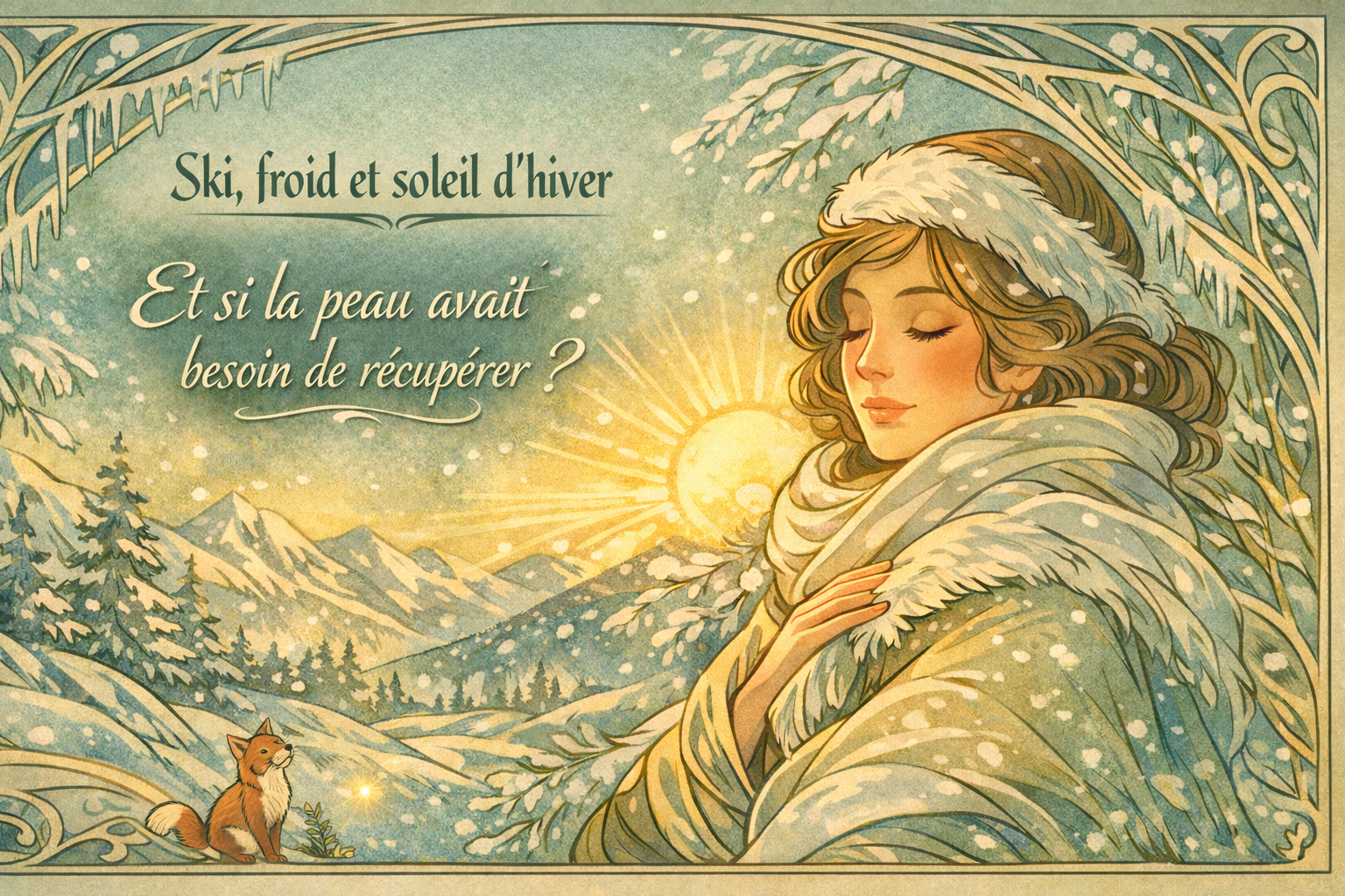 Illustration Art nouveau d’une femme apaisée en montagne après le ski, soleil d’hiver et froid, avec un renard et une luciole symbolisant la récupération de la peau.