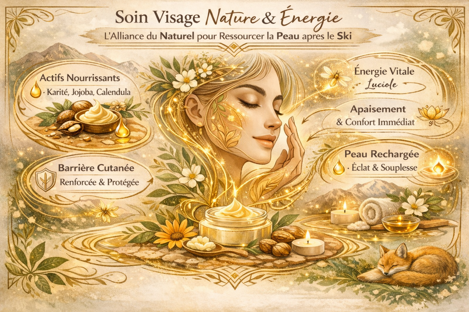 Soin visage Nature & Énergie : ressourcer la peau après le ski Infographie art nouveau du soin visage Nature & Énergie après le ski, illustrant la réparation de la barrière cutanée, l’apaisement de la peau et la recharge énergétique avec karité, jojoba et calendula, renard et luciole en signature.