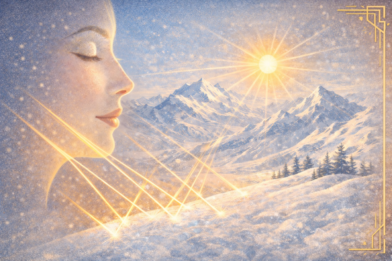 Soleil d’hiver en montagne et exposition UV de la peau – Illustration art déco Illustration art déco d’un visage exposé au soleil d’hiver en montagne, avec rayons UV réfléchis par la neige, illustrant l’exposition solaire trompeuse et ses effets sur la peau après le ski.