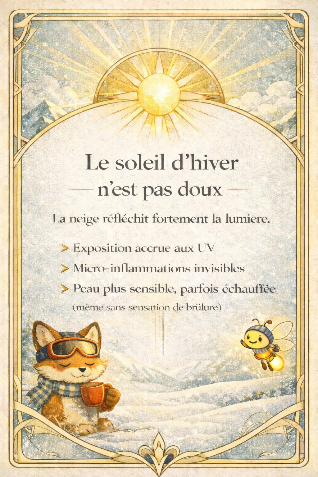 Le soleil d’hiver augmente l’exposition aux UV Illustration poétique montrant un renard sous le soleil d’hiver en montagne et une luciole, symbolisant l’exposition accrue aux UV et la peau sensible après le ski.