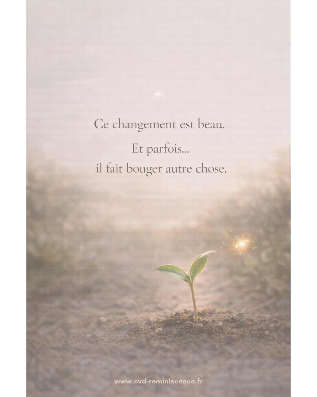 Illustration poétique représentant une jeune pousse qui émerge de la terre, symbole de transformation, de renouveau et de changement intérieur. Atmosphère douce et lumineuse évoquant un passage de vie, la croissance lente et les mouvements invisibles que certains changements viennent réveiller. Visuel issu de la série « Deux regards, un lien », autour de la transmission, du lien transgénérationnel et des transformations silencieuses. Création originale de Constance van Dongen – RéminiSCence. Image protégée – cvd-reminiscence.fr