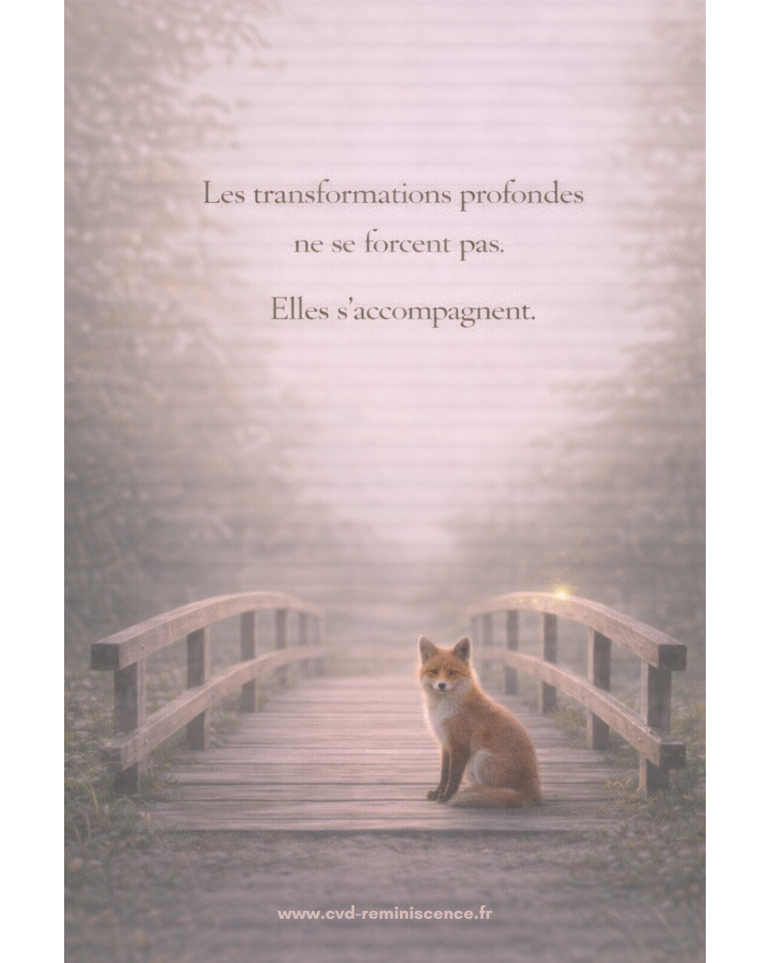 Illustration poétique d’un petit renard assis sur un pont en bois au lever du jour dans une lumière douce et brumeuse. Le texte indique que les transformations profondes ne se forcent pas, elles s’accompagnent. Image symbolique des passages de vie, de la transformation émotionnelle et de l’accompagnement en douceur. © Constance van Dongen – RéminiSCence, Dourges.
