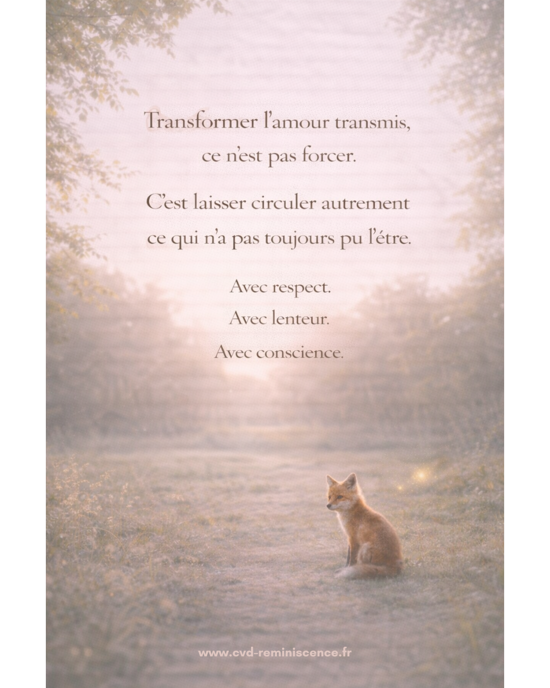 Illustration douce d’un chemin au lever du jour avec un petit renard assis, symbole de l’enfant intérieur et de la transmission transgénérationnelle. Le texte évoque le fait que transformer l’amour transmis ne signifie pas forcer, mais laisser circuler autrement avec respect, lenteur et conscience. Image symbolique sur la transformation émotionnelle et la maternité consciente. © Constance van Dongen – RéminiSCence, Dourges.