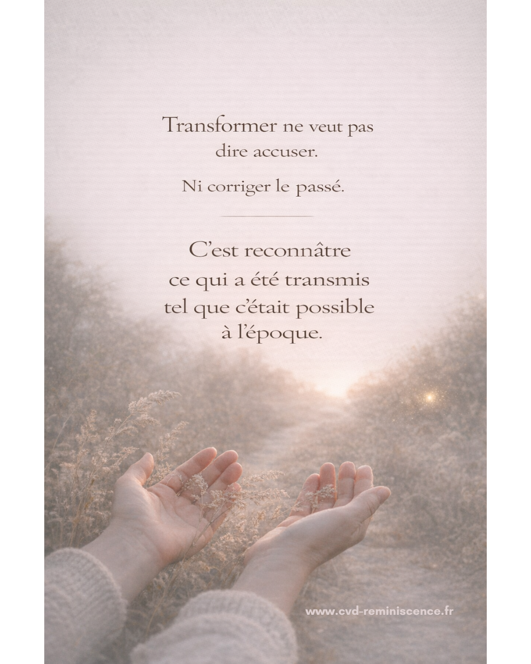 Illustration poétique représentant deux mains ouvertes face à un chemin lumineux au lever du jour. Le texte évoque la transformation du transgénérationnel sans accusation ni reproche, en reconnaissant ce qui a été transmis. Image symbolique sur la transmission familiale, la mémoire émotionnelle et la transformation consciente. © Constance van Dongen – RéminiSCence, Dourges. Image protégée – cvd-reminiscence.fr