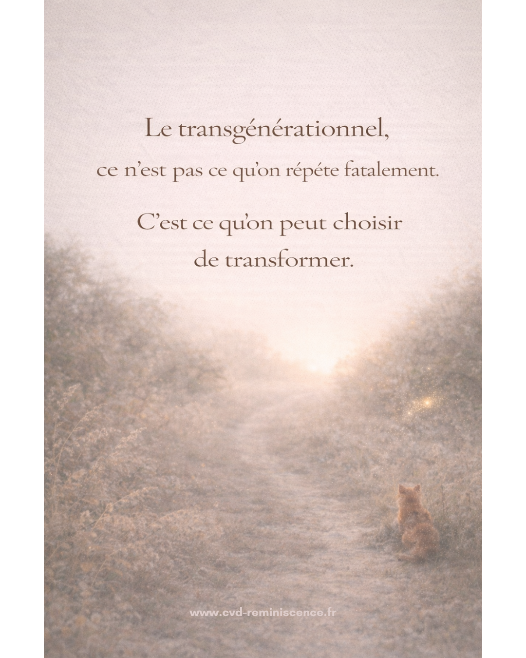 Illustration poétique d’un chemin lumineux au lever du jour avec un petit renard assis au loin. Le texte évoque le transgénérationnel comme une possibilité de transformation plutôt qu’une répétition. Image symbolique sur la transmission familiale, la mémoire émotionnelle et le choix conscient de transformer les héritages invisibles. Création originale Constance van Dongen – RéminiSCence, Dourges. Image protégée – cvd-reminiscence.fr