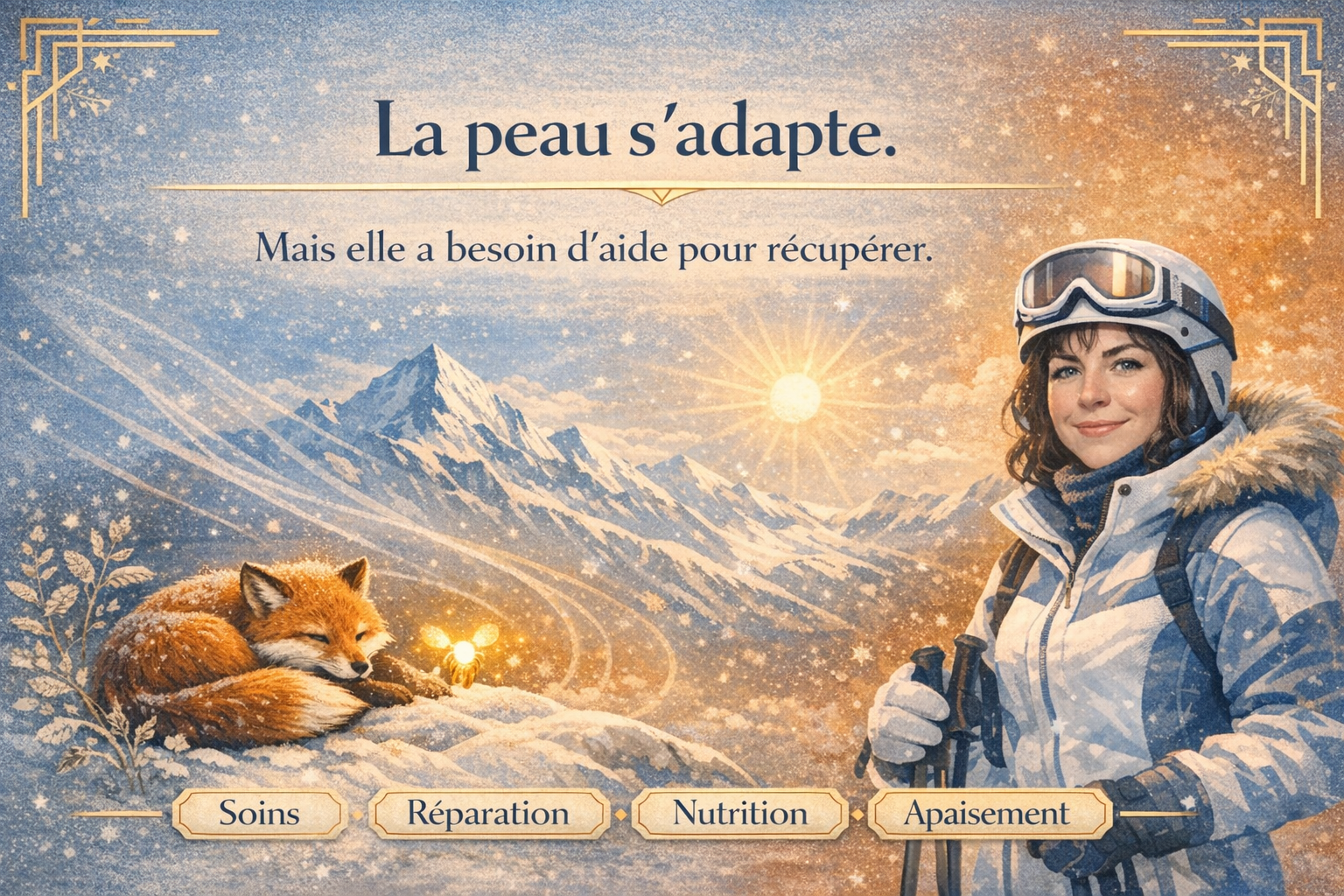 La peau s’adapte mais a besoin de soin – Illustration art déco Illustration art déco hivernale montrant un renard et une luciole symbolisant la récupération, aux côtés de Constance van Dongen, votre esthéticienne, en tenue de ski, évoquant l’accompagnement de la peau après le ski vers le soin et l’apaisement.