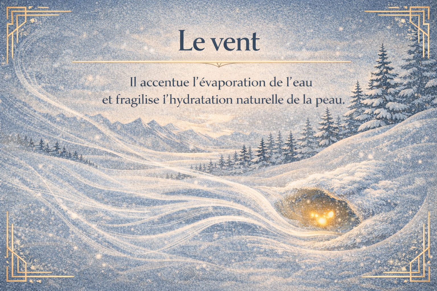 Le vent et la peau après le ski – Illustration art déco Illustration art déco hivernale avec lignes de vent stylisées et luciole protégée, symbolisant l’effet du vent sur l’évaporation de l’eau et l’hydratation de la peau après le ski.