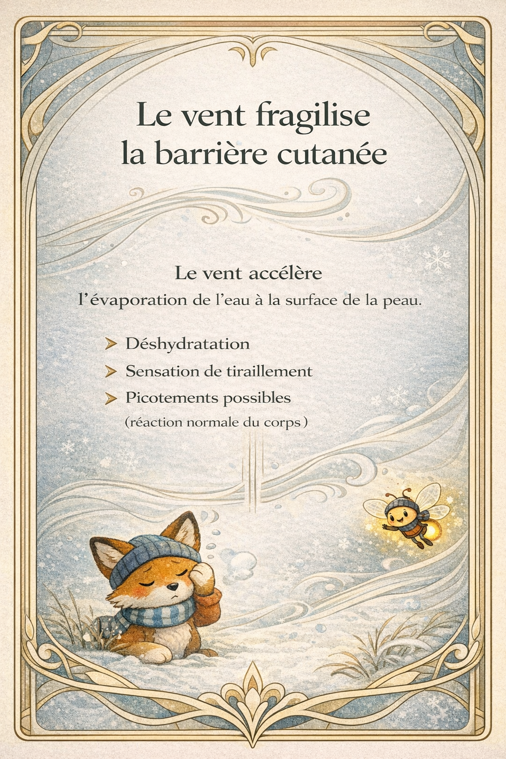 Le vent fragilise la barrière cutanée en hiver Illustration poétique montrant un renard exposé au vent hivernal et une luciole, symbolisant l’effet du vent sur la barrière cutanée et la peau sensible après le ski.