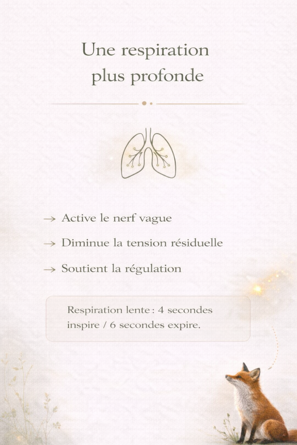 Infographie expliquant les bienfaits d’une respiration plus profonde : activation du nerf vague, diminution de la tension résiduelle et soutien de la régulation du système nerveux. Exercice conseillé : respiration lente 4 secondes inspire / 6 secondes expire. © Constance van Dongen – RéminiSCence, Dourges.