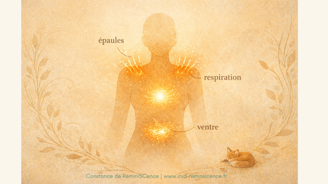 Cartographie du corps montrant les zones de tension liées au stress : épaules contractées, respiration bloquée et ventre noué – RéminiSCence