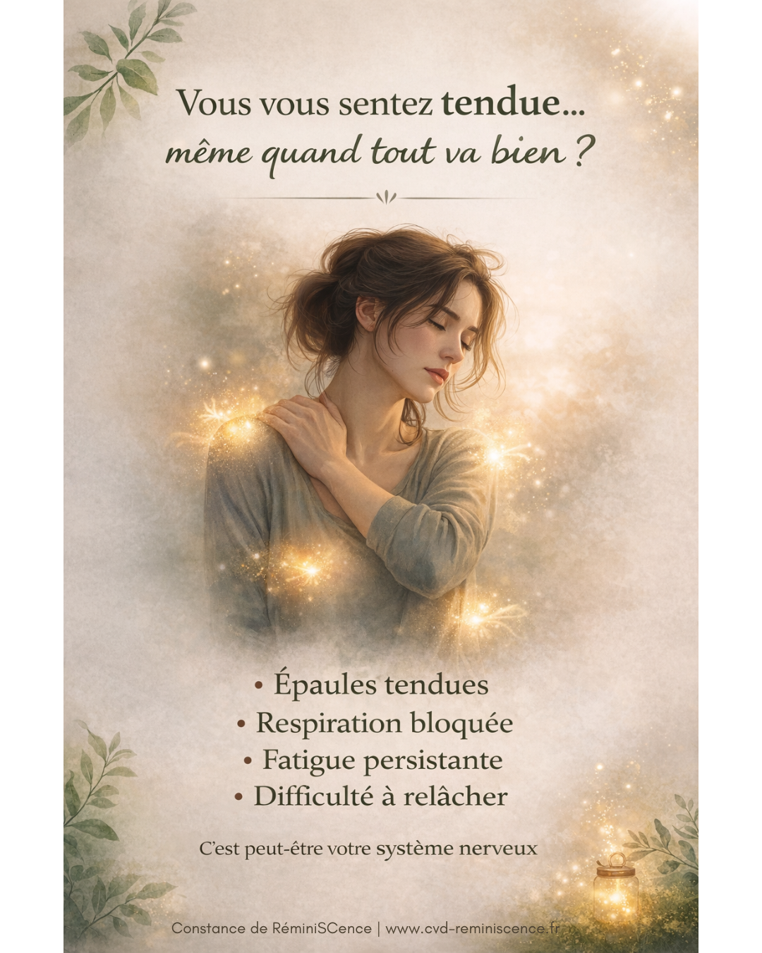Vous vous sentez tendue même quand tout va bien ? Femme avec épaules tendues et respiration bloquée, illustrant les signes d’un système nerveux en tension comme fatigue persistante et difficulté à relâcher © Constance van Dongen – RéminiSCence