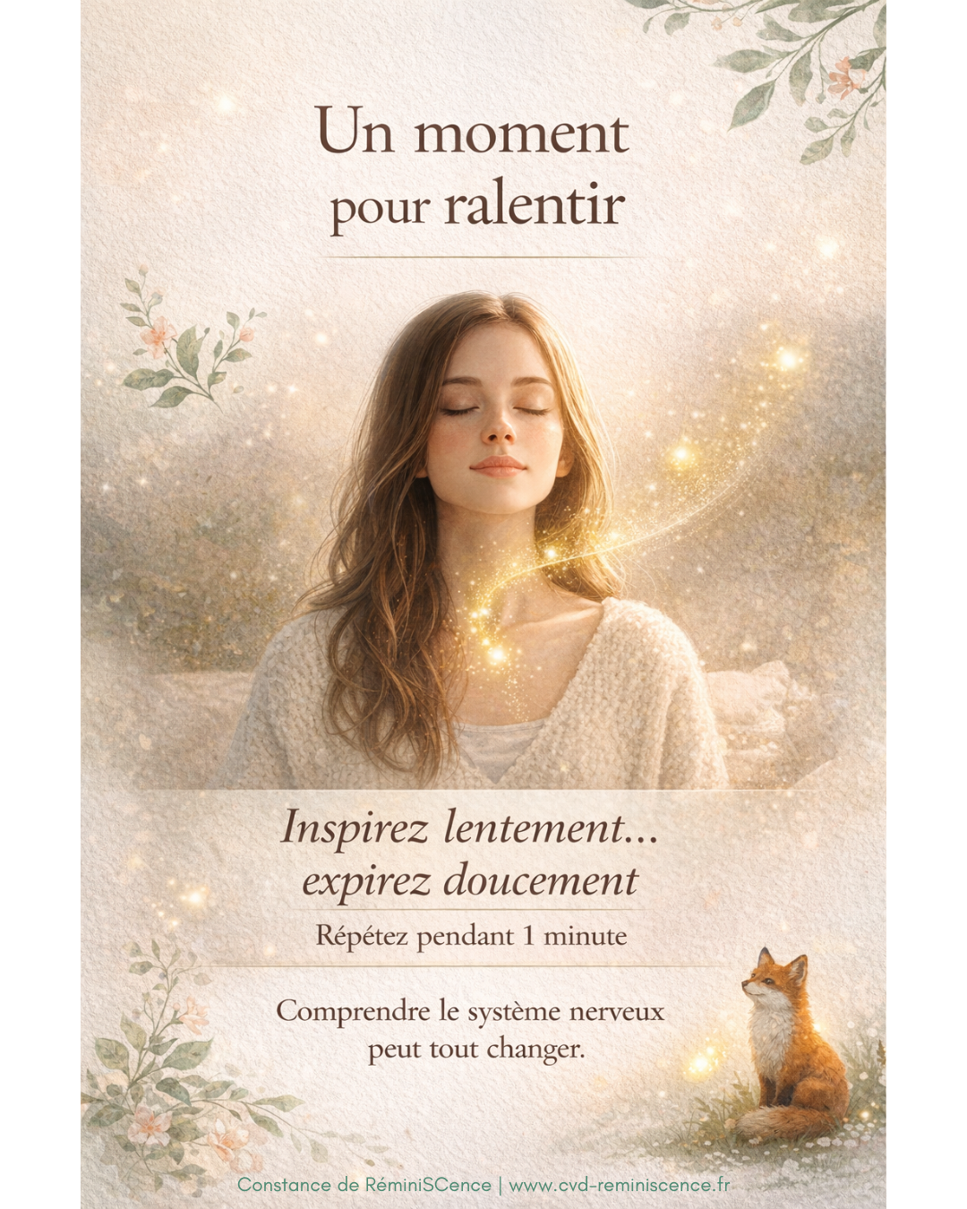 Un moment pour ralentir : exercice simple pour apaiser le corps Exercice de respiration pour apaiser le système nerveux, femme détendue inspirant et expirant lentement pour réduire le stress et relâcher le corps © Constance van Dongen – RéminiSCence